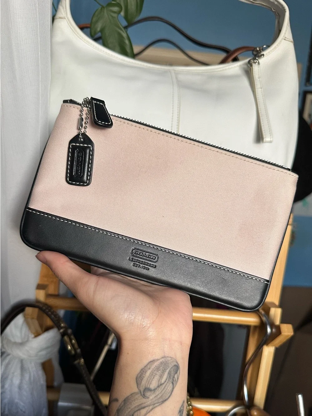 Coach Canvas and Black Leather-Trim Wristlet Pouch